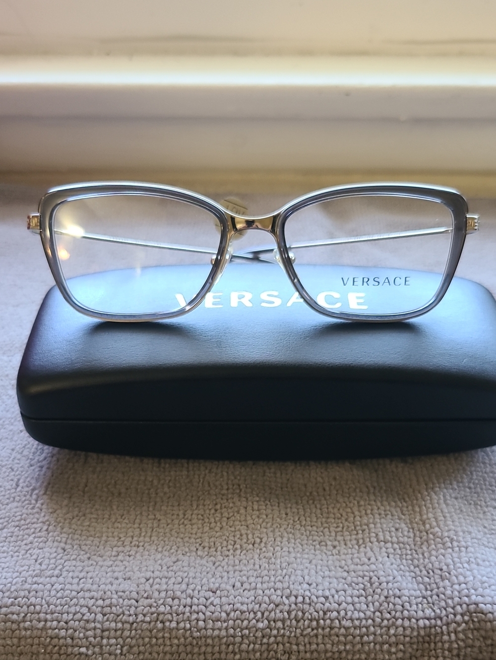NEW & AUTHENTIC VERSACE EYEGLASSES, MODEL 1243, GOLD -TRANSPARENT GREY, 52-17